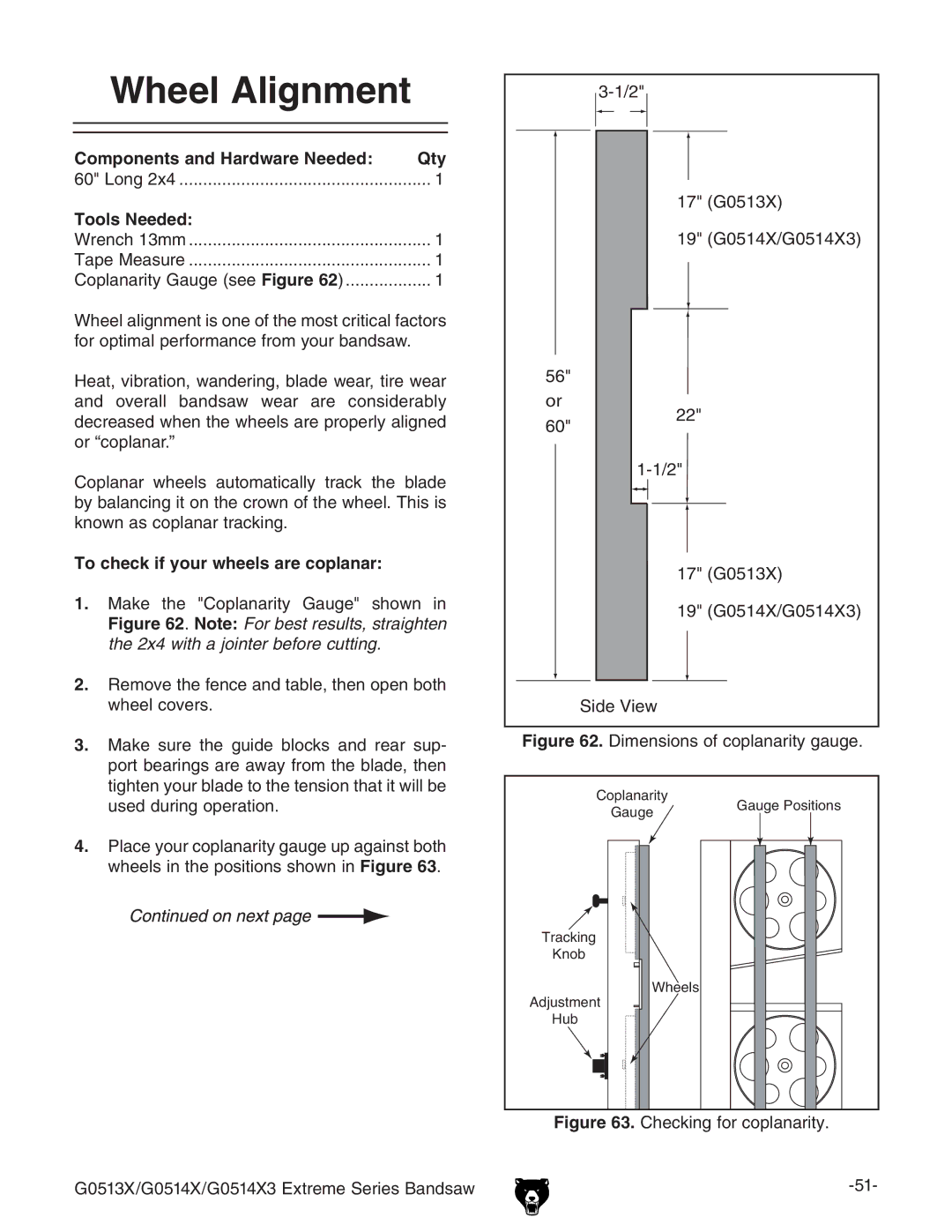 Grizzly G0514X3, G0513X owner manual Wheel Alignment, To check if your wheels are coplanar 