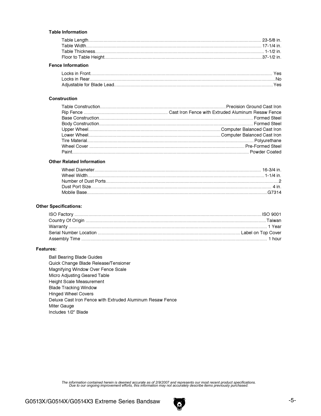 Grizzly G0513X, G0514X3 owner manual Table Information 