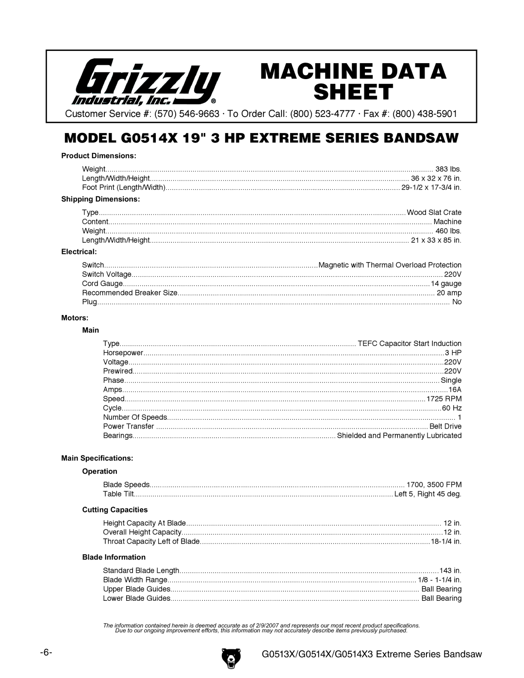 Grizzly G0514X3, G0513X owner manual G0514X Machine Data Sheet 