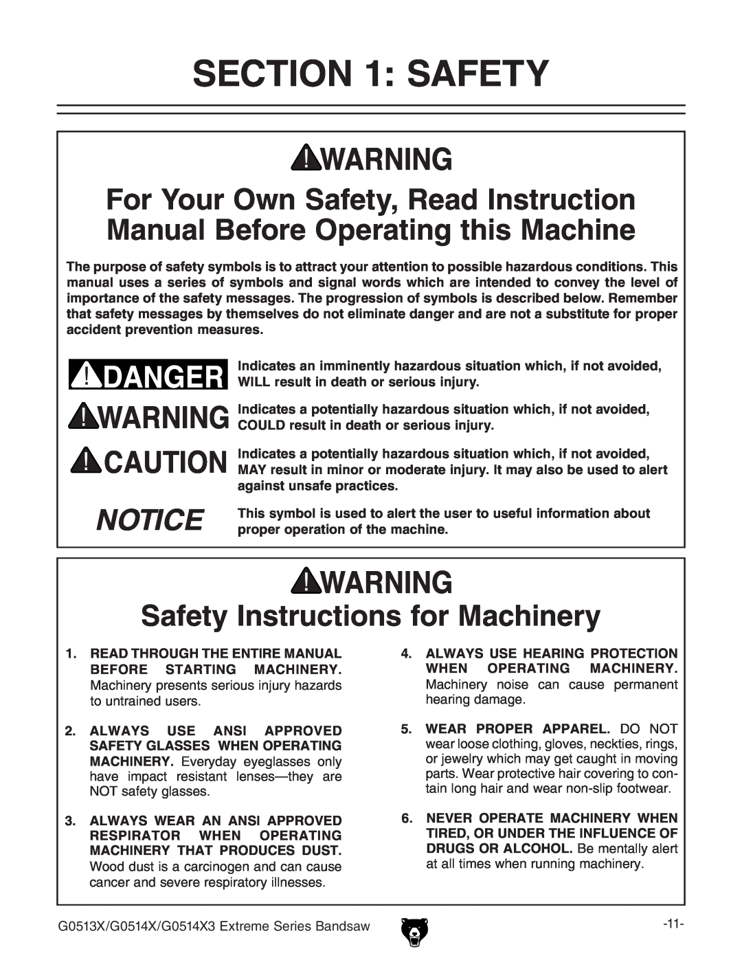Grizzly G0513X, G0514X3 owner manual Safety Instructions for Machinery 
