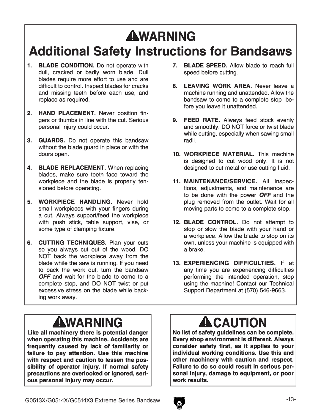 Grizzly G0513X, G0514X3 owner manual Additional Safety Instructions for Bandsaws 