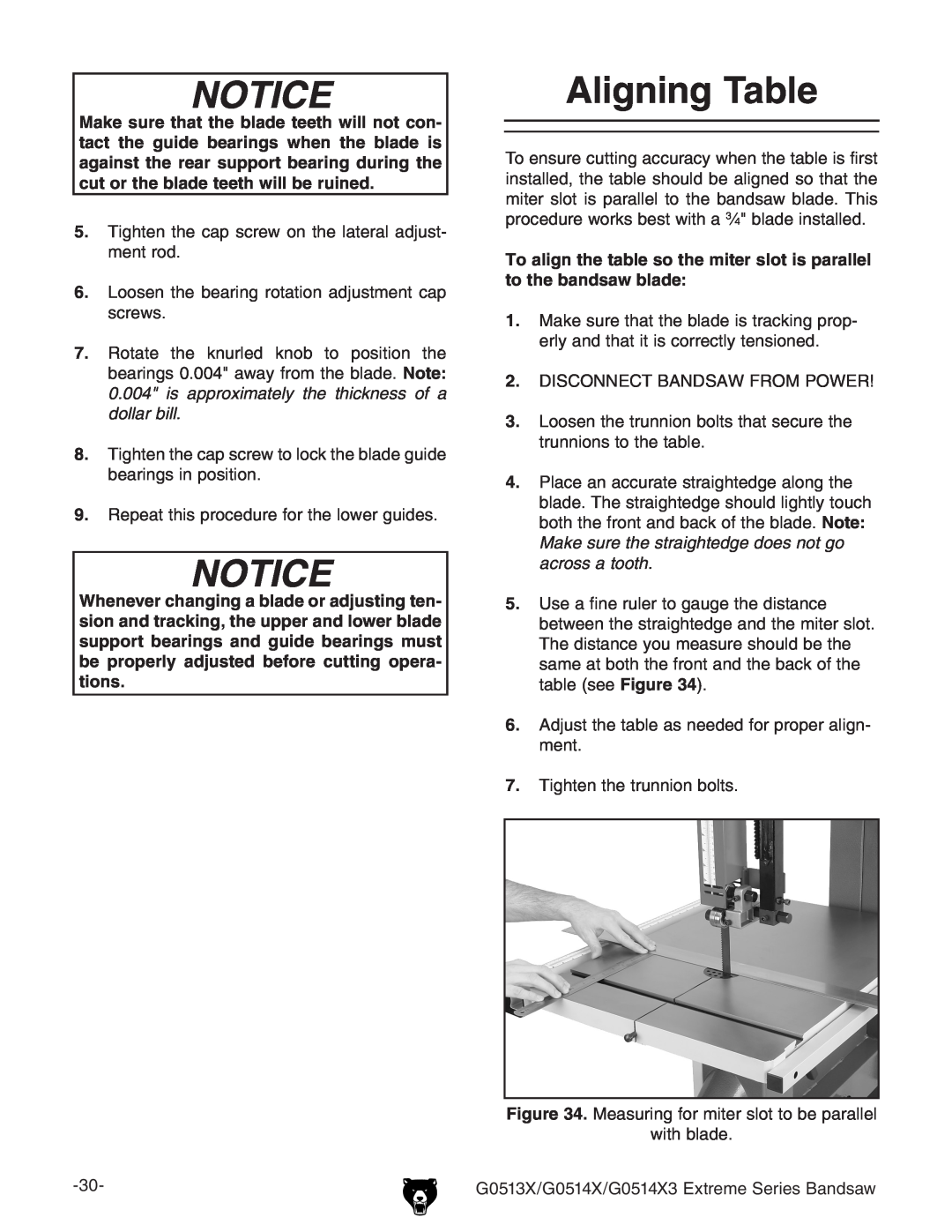 Grizzly G0514X3, G0513X owner manual Aligning Table 