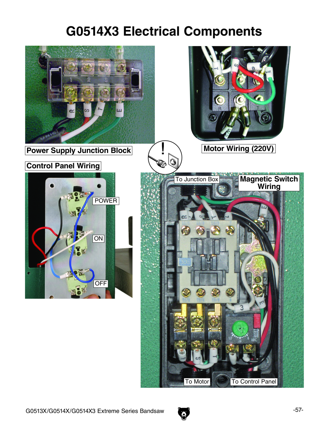 Grizzly G0514X3 Electrical Components, Power Supply Junction Block Control Panel Wiring, Motor Wiring, Magnetic Switch 