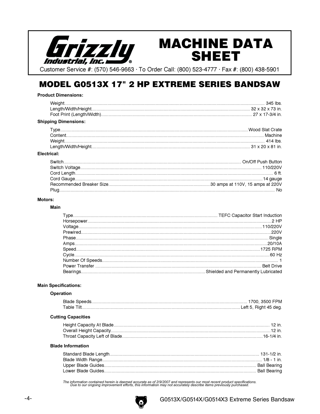 Grizzly G0514X G0513X Machine Data Sheet, MODEL G0513X 17 2 HP EXTREME SERIES BANDSAW, Product Dimensions, Electrical 