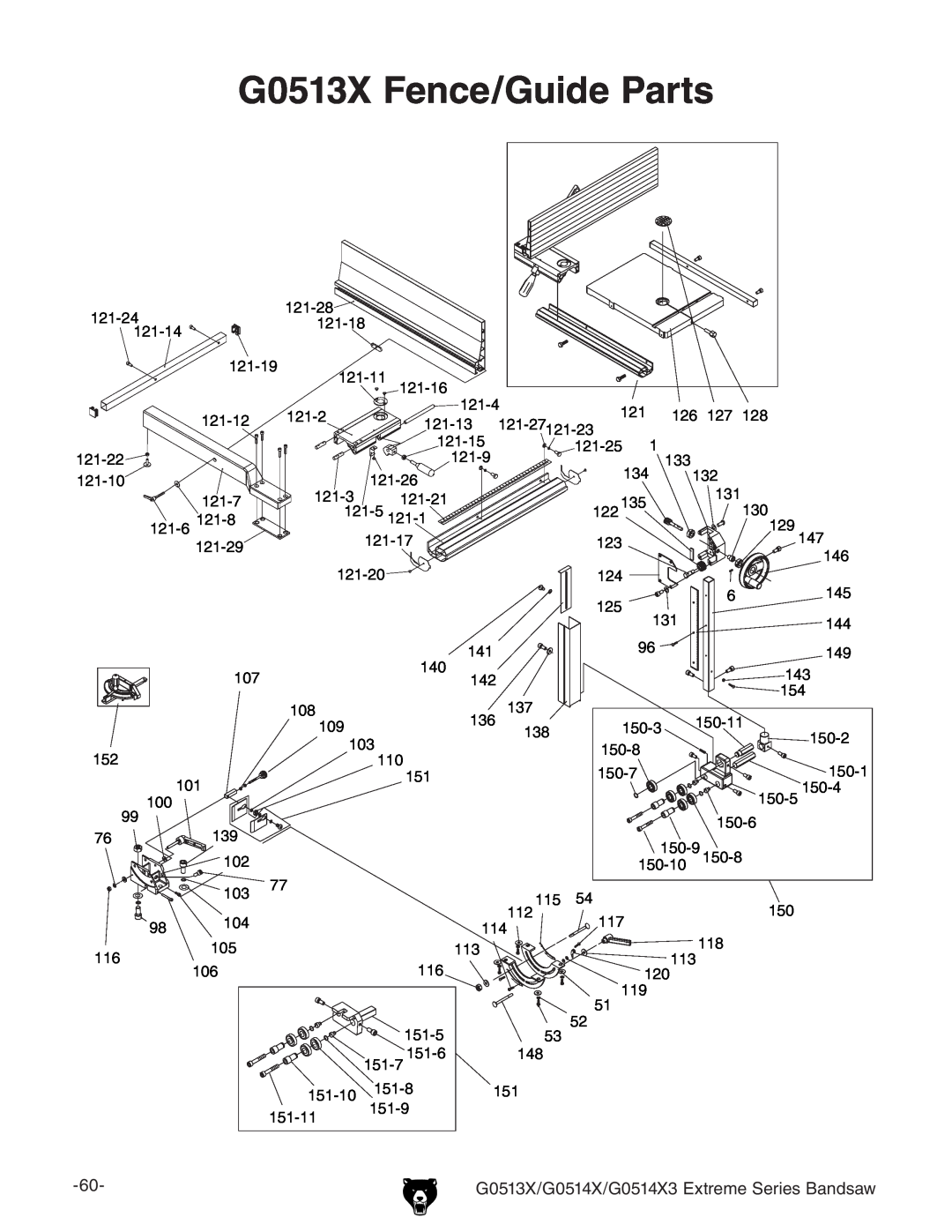 Grizzly owner manual G0513X Fence/Guide Parts, G0513X/G0514X/G0514X3 Extreme Series Bandsaw 