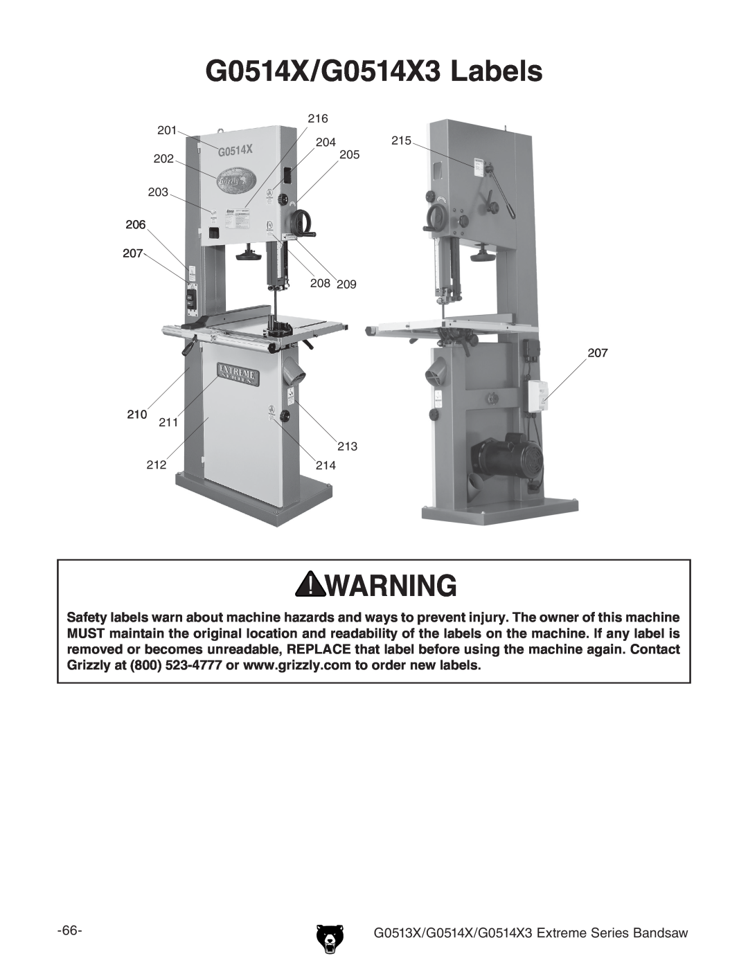 Grizzly owner manual G0514X/G0514X3 Labels, G0513X/G0514X/G0514X3 Extreme Series Bandsaw 