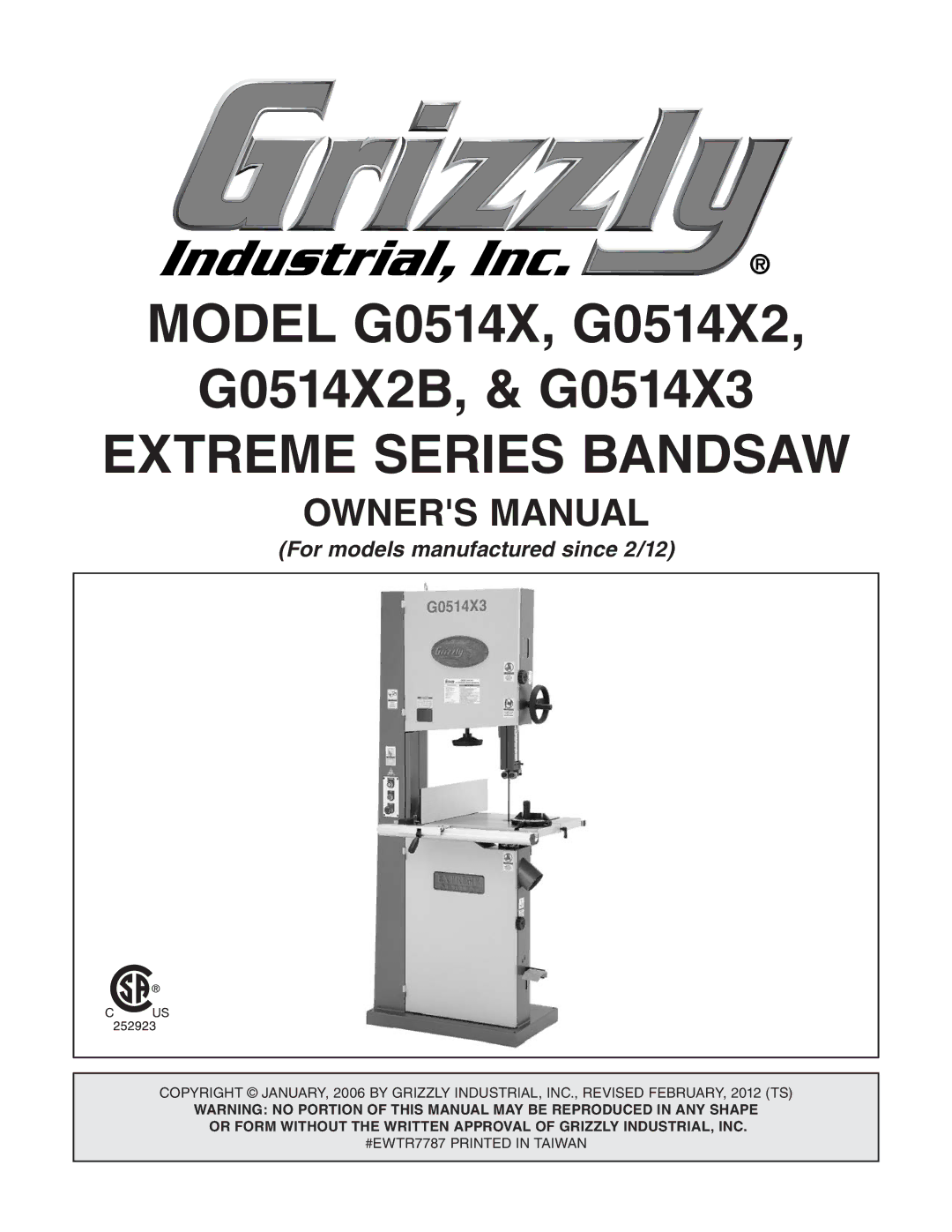 Grizzly G0514X owner manual Extreme Series Bandsaw 