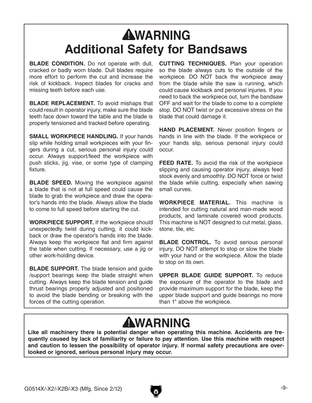 Grizzly G0514X owner manual Additional Safety for Bandsaws 