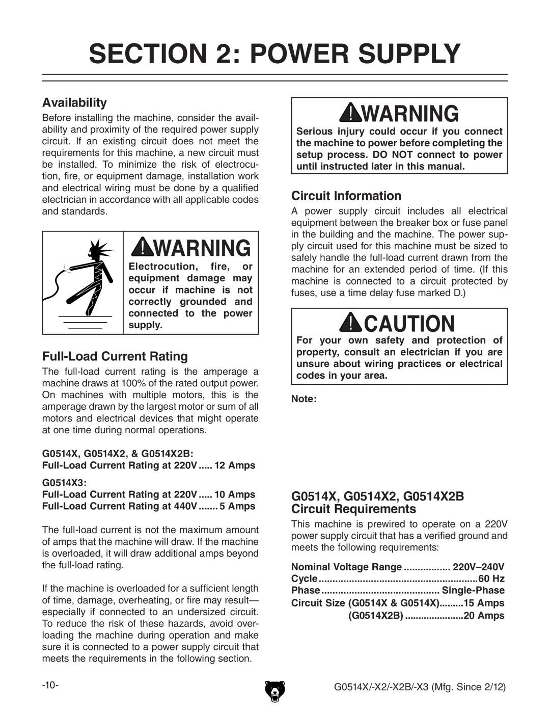 Grizzly G0514X owner manual Power Supply, Availability, Full-Load Current Rating, Circuit Information 