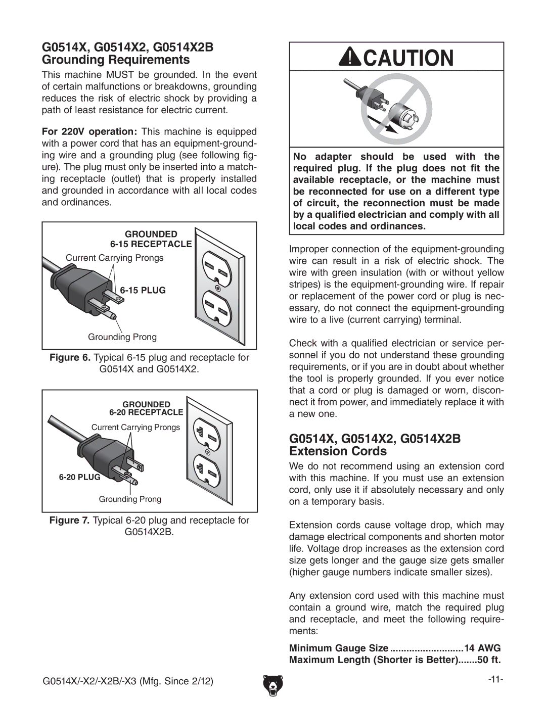 Grizzly G0514X, G0514X2, G0514X2B Grounding Requirements, G0514X, G0514X2, G0514X2B Extension Cords, VcY%*&M#, 50 ft 