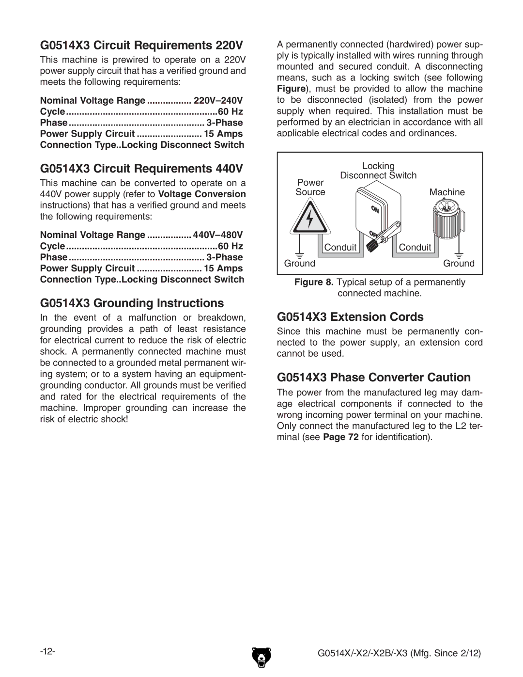 Grizzly owner manual G0514X3 Circuit Requirements, G0514X3 Grounding Instructions, G0514X3 Extension Cords 