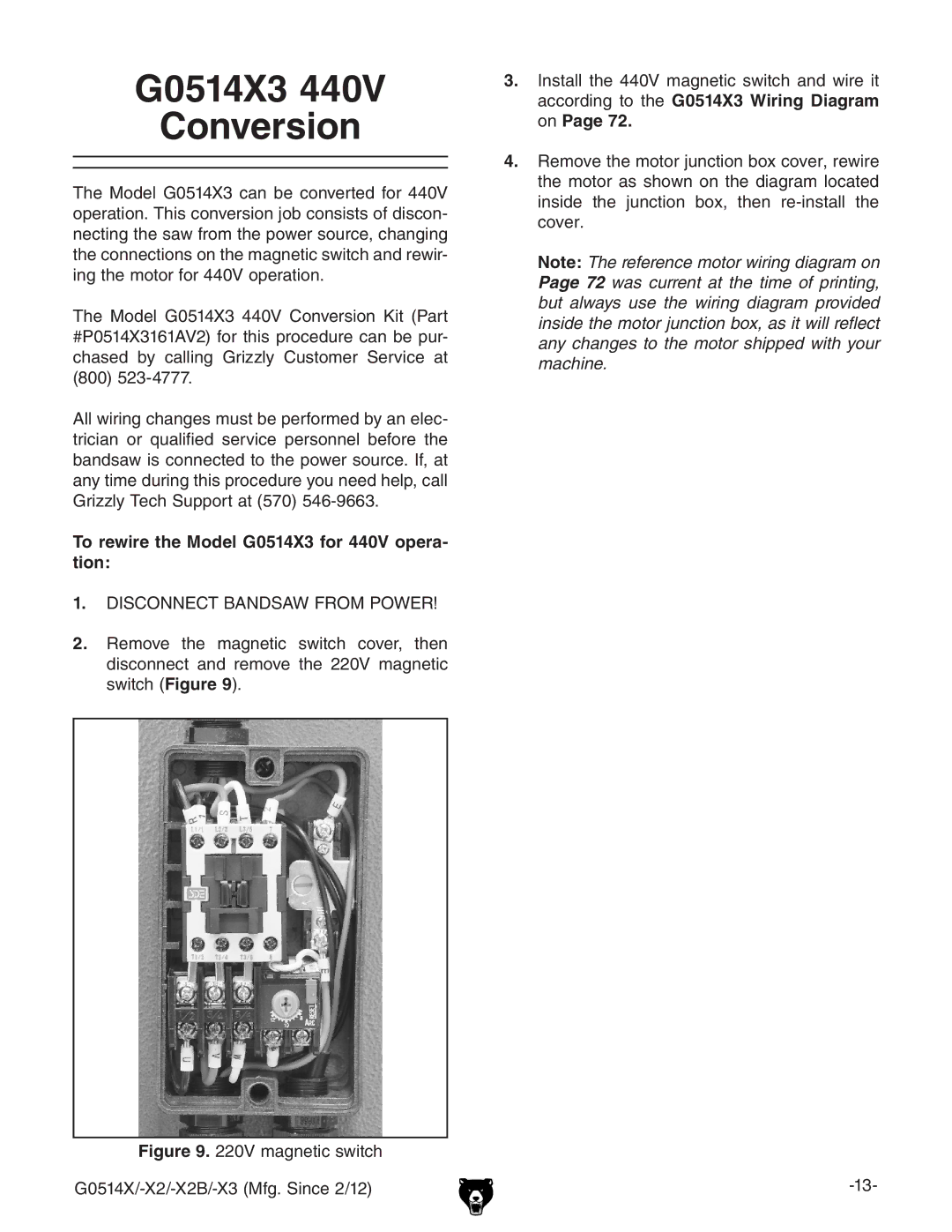 Grizzly owner manual G0514X3 Conversion, To rewire the Model G0514X3 for 440V opera- tion, XdkZg# 