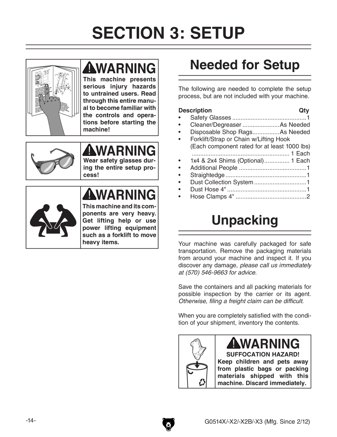 Grizzly G0514X owner manual Needed for Setup, Unpacking, Description Qty 