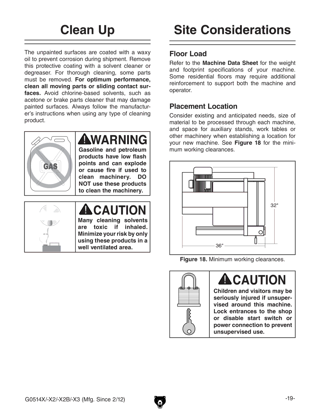 Grizzly G0514X owner manual Clean Up, Site Considerations, Floor Load, Placement Location 