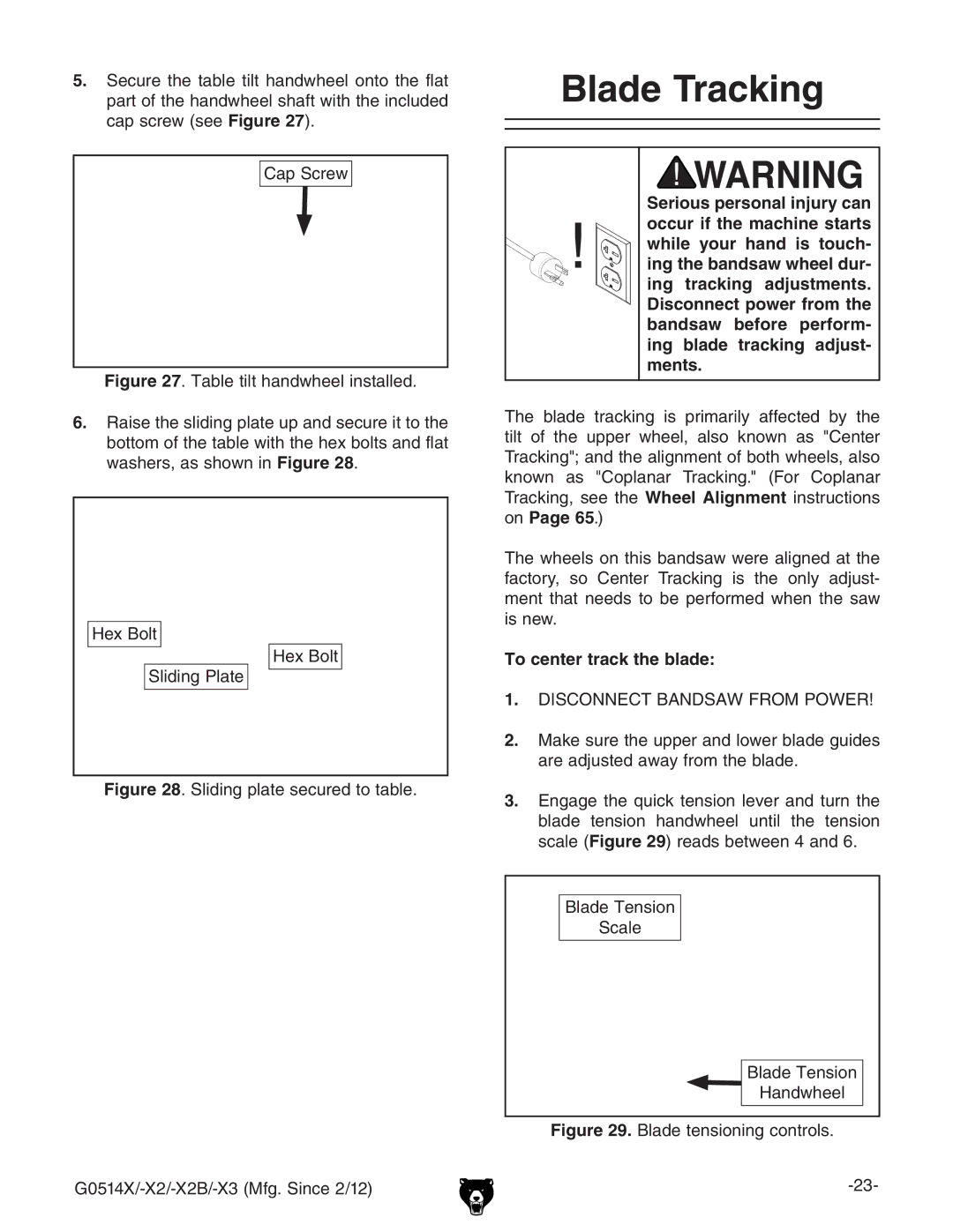 Grizzly G0514X owner manual Blade Tracking, To center track the blade 