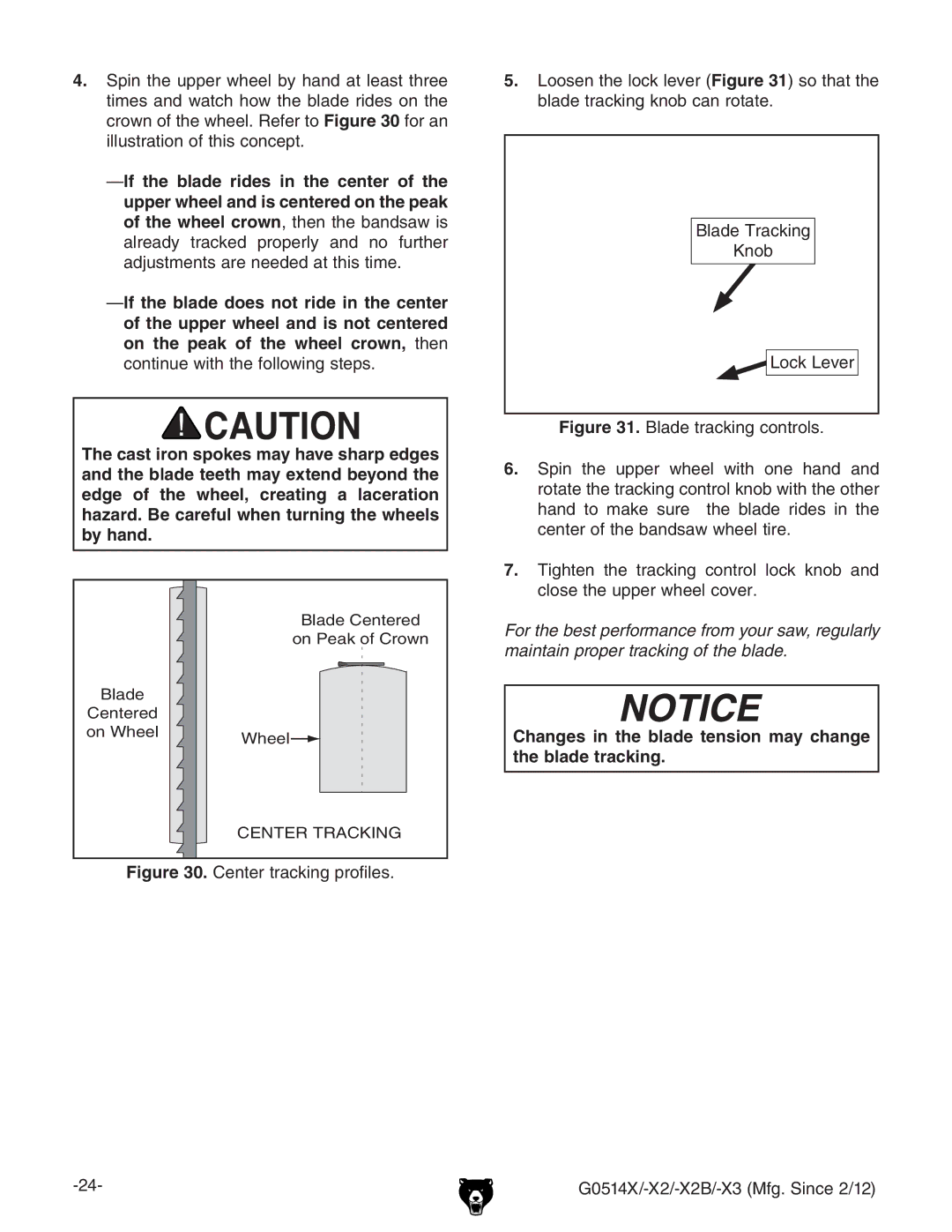 Grizzly G0514X owner manual AdX`AZkZg, Changes in the blade tension may change the blade tracking 