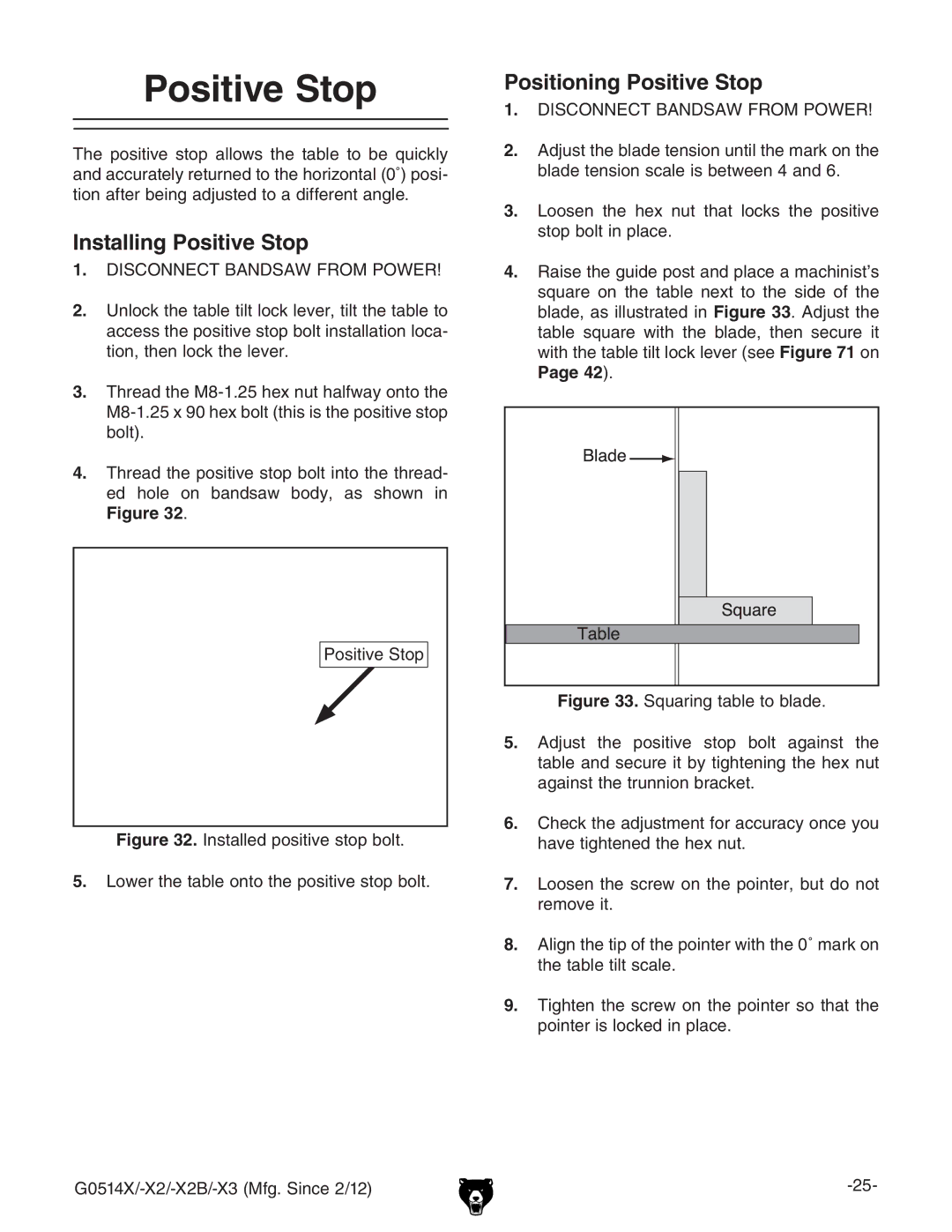 Grizzly G0514X owner manual Installing Positive Stop, Positioning Positive Stop 