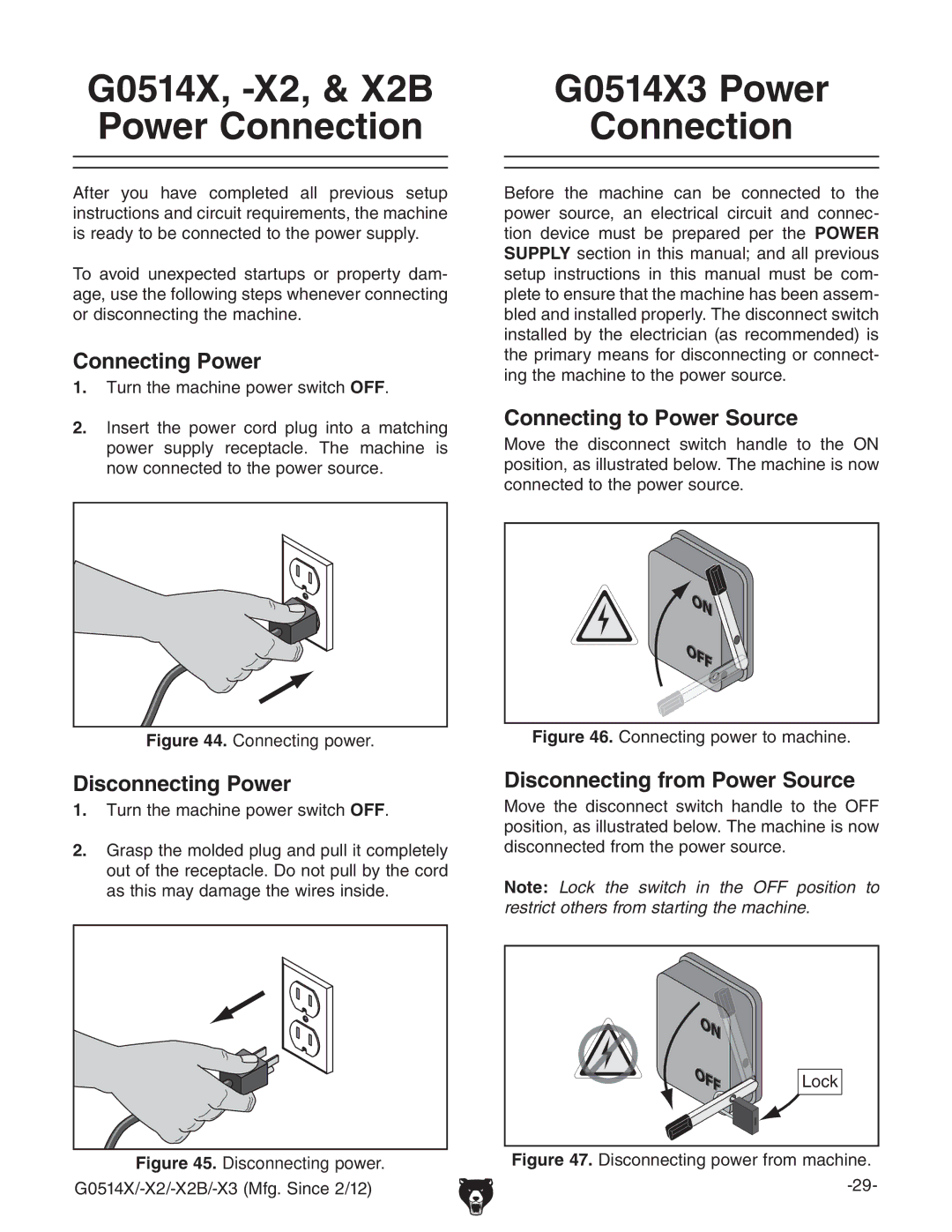 Grizzly owner manual G0514X, -X2, & X2B Power Connection, G0514X3 Power Connection 