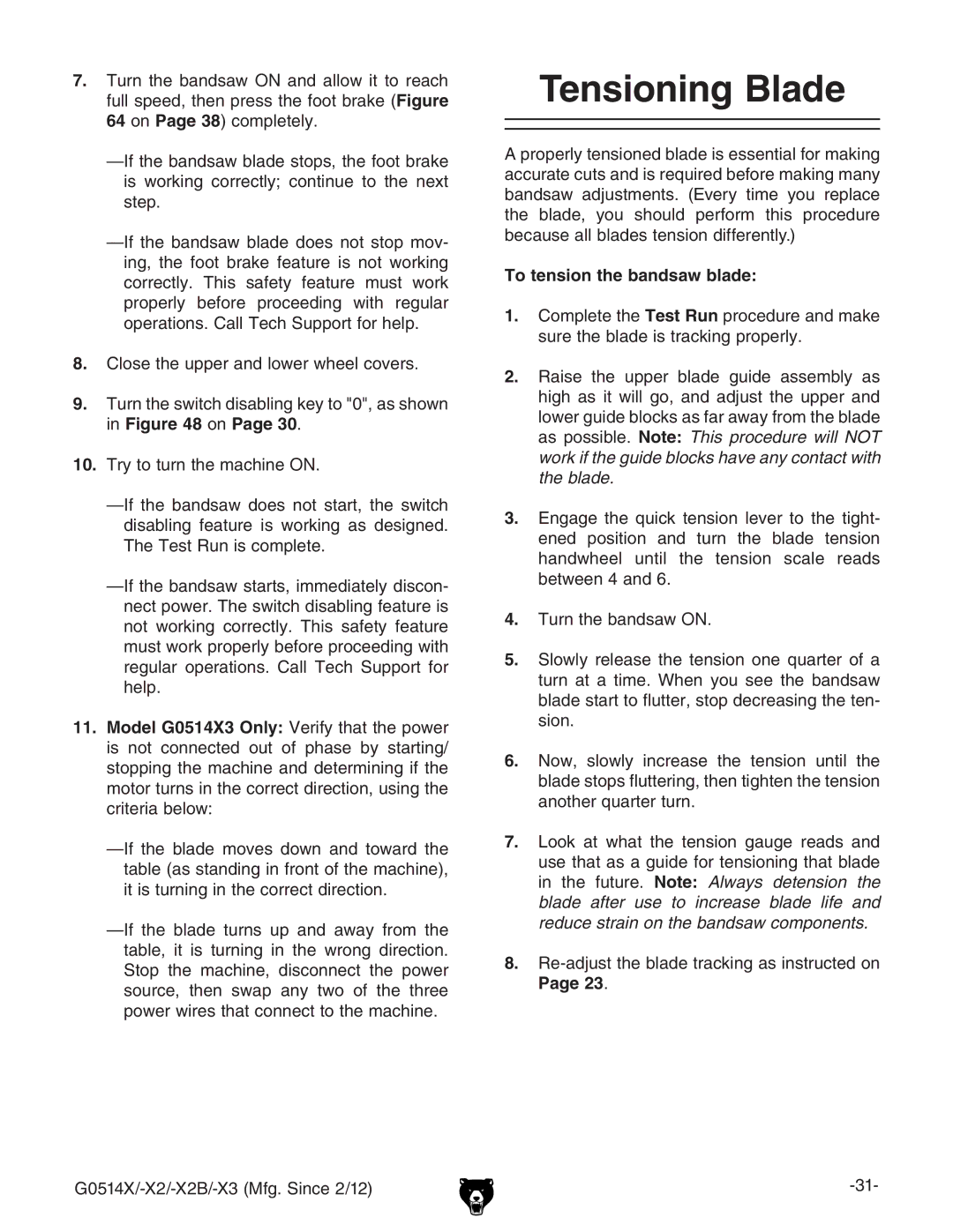 Grizzly G0514X owner manual Tensioning Blade,  dcPage 30#, To tension the bandsaw blade, 23# 