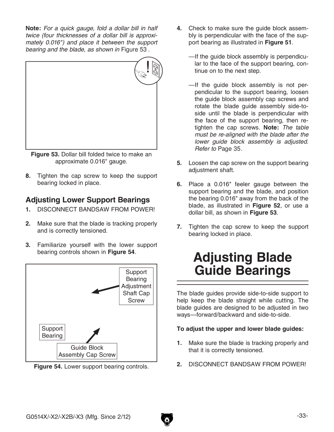 Grizzly G0514X owner manual Adjusting Blade, Guide Bearings, Adjusting Lower Support Bearings 