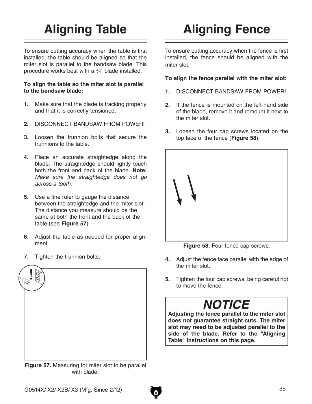 Grizzly G0514X owner manual Aligning Table, Aligning Fence, To align the fence parallel with the miter slot 