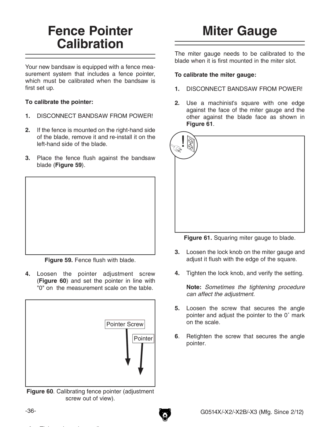 Grizzly G0514X owner manual Fence Pointer Calibration, Miter Gauge, To calibrate the pointer, To calibrate the miter gauge 