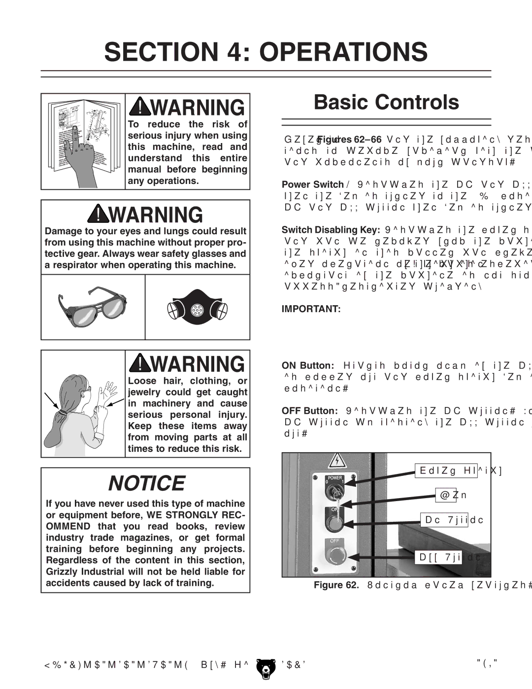 Grizzly G0514X owner manual Operations, Basic Controls, EdlZgHliX @Zn Dc7jiidc 