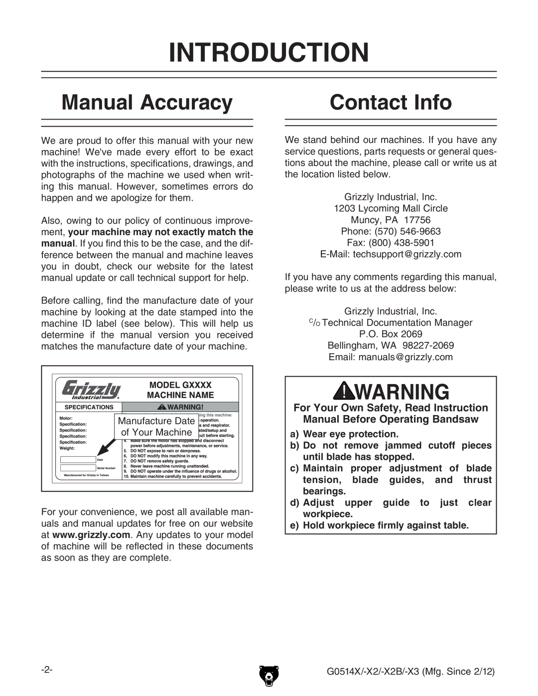 Grizzly G0514X owner manual Introduction, Manual Accuracy, Contact Info, NdjgBVXcZ 