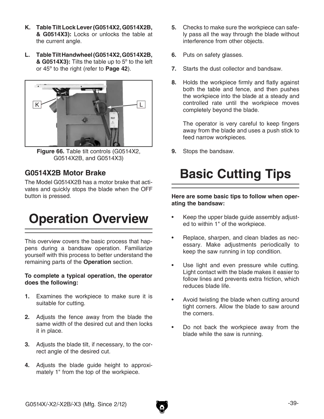 Grizzly Operation Overview, Basic Cutting Tips, G0514X2B Motor Brake,  Table Tilt Handwheel G0514X2, G0514X2B 
