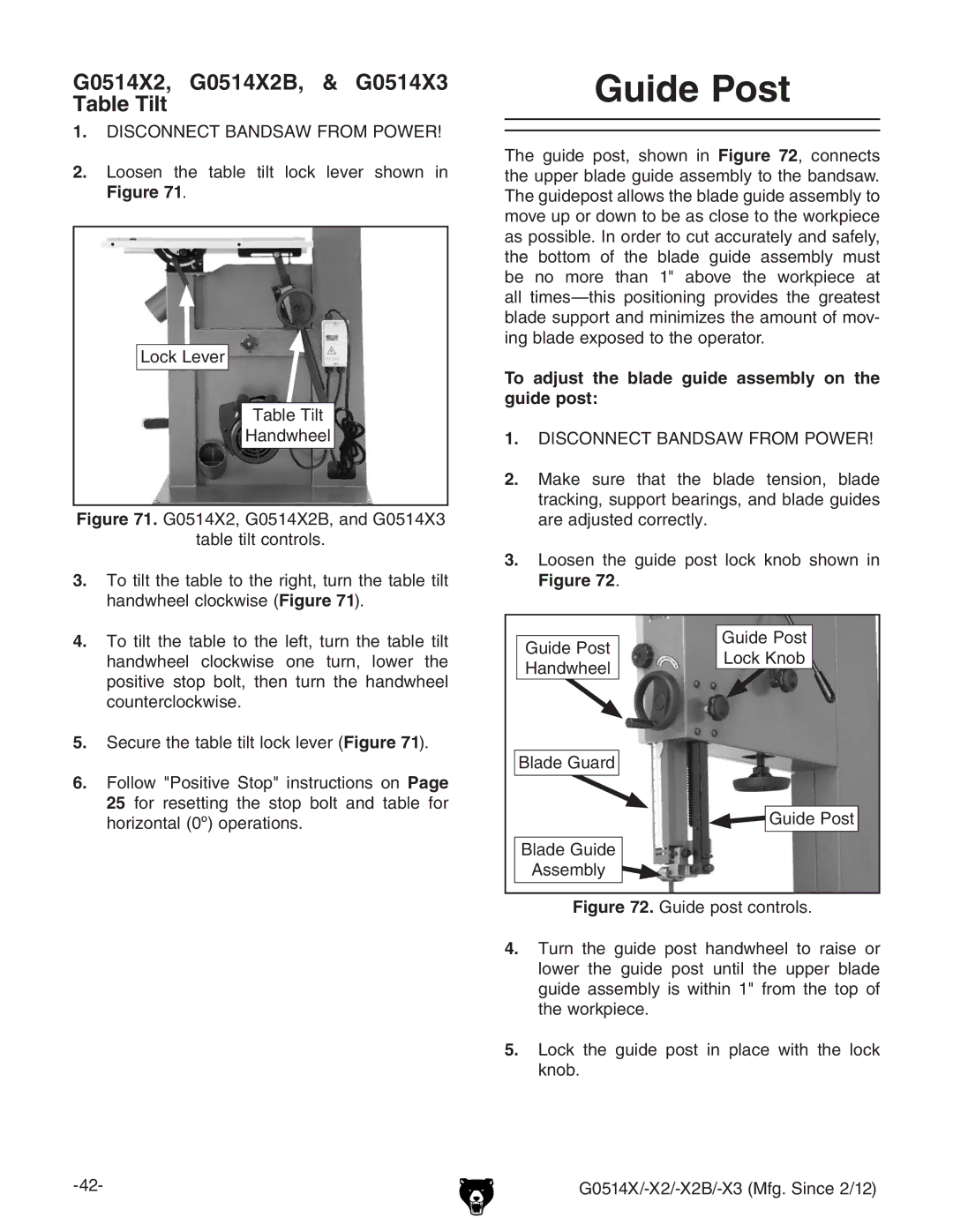 Grizzly Guide Post, G0514X2, G0514X2B, & G0514X3 Table Tilt, To adjust the blade guide assembly on the guide post 