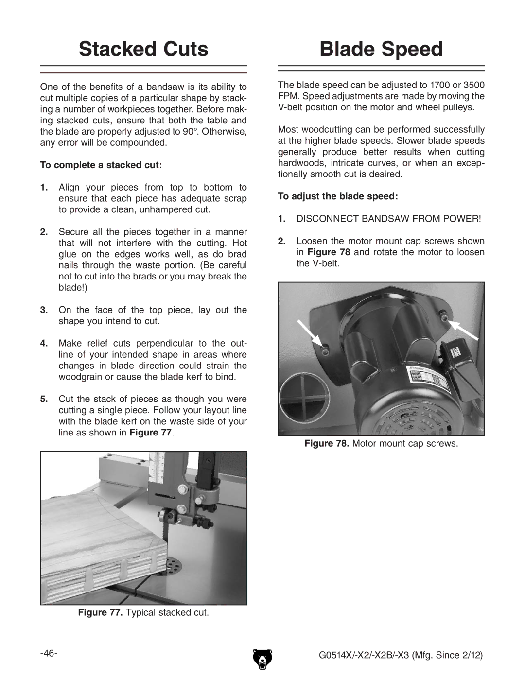 Grizzly G0514X owner manual Stacked Cuts Blade Speed, To complete a stacked cut, To adjust the blade speed 