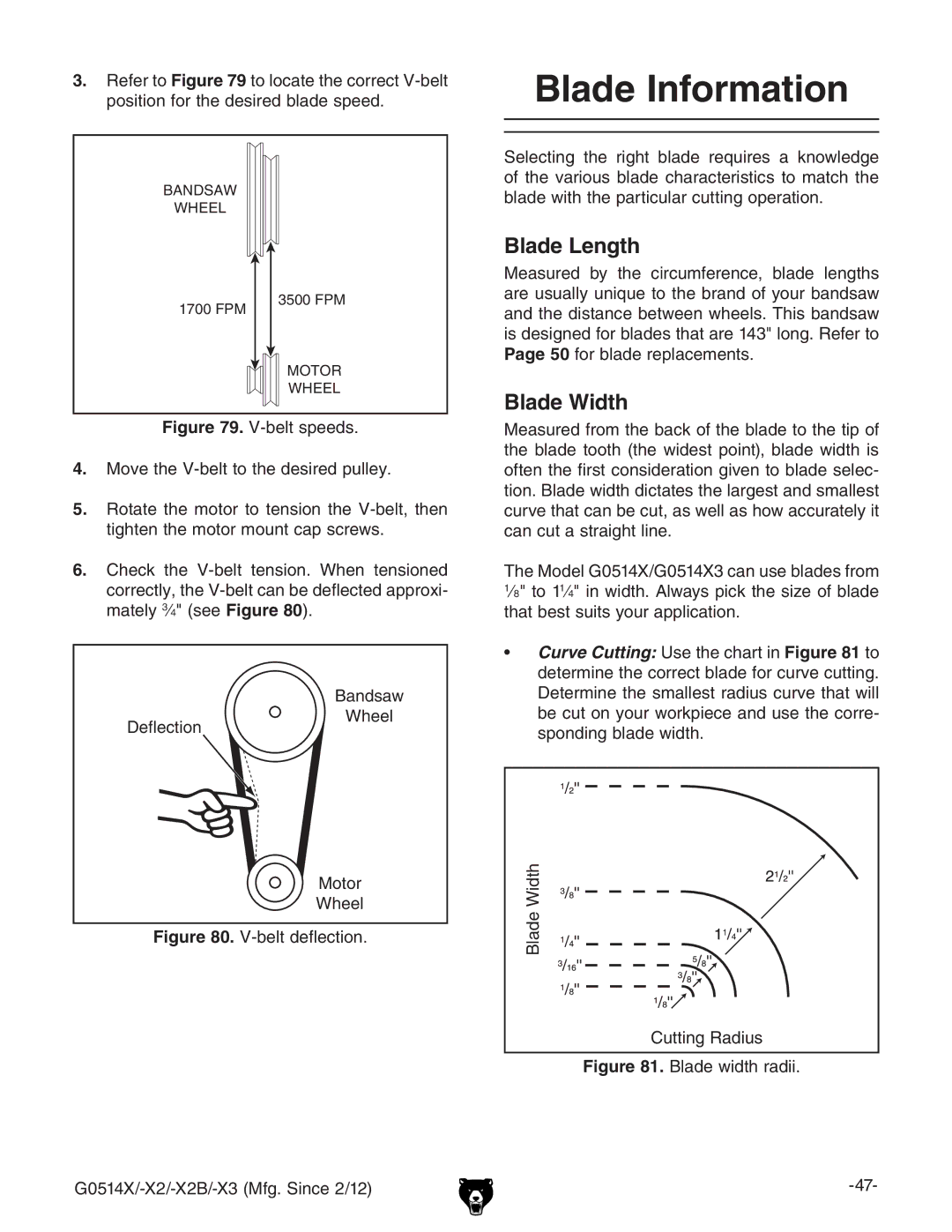 Grizzly G0514X owner manual Blade Information, Blade Length, Blade Width 