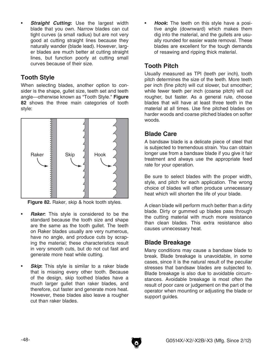 Grizzly G0514X owner manual Tooth Style, Tooth Pitch, Blade Care, Blade Breakage, GV`Zg H`e =dd` 