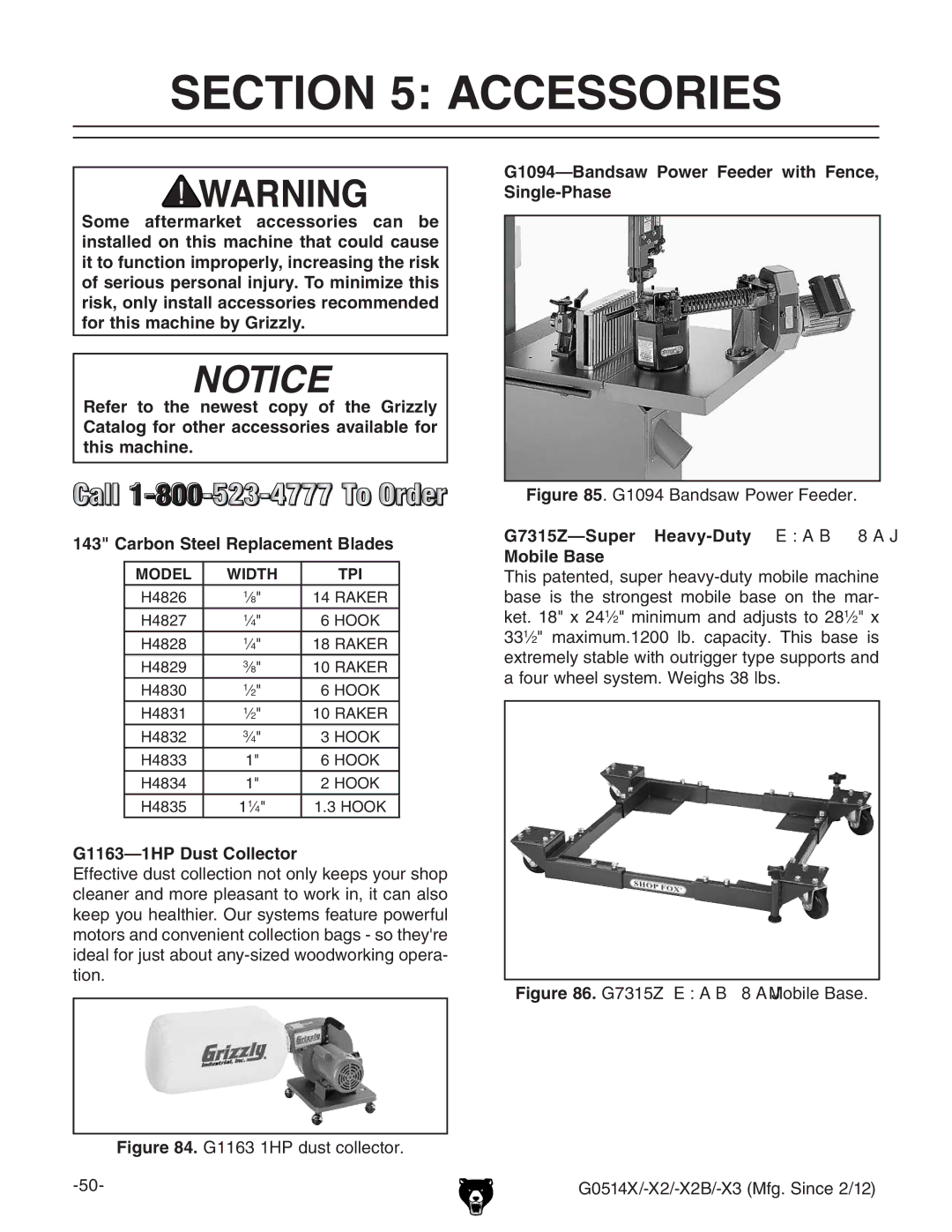 Grizzly G0514X owner manual Accessories, G1163-1HP Dust Collector, G1094-Bandsaw Power Feeder with Fence, Single-Phase 