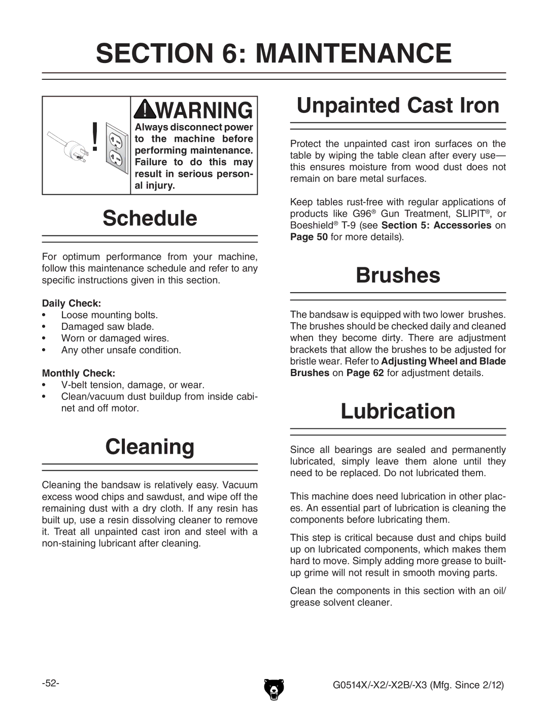 Grizzly G0514X owner manual Maintenance 