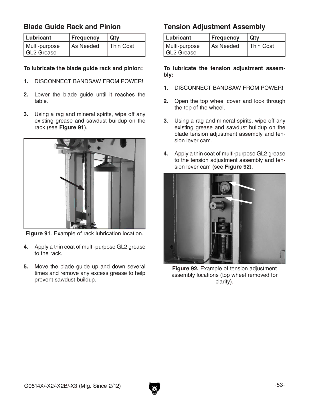 Grizzly G0514X owner manual Blade Guide Rack and Pinion, Tension Adjustment Assembly, Lubricant Frequency Qty 