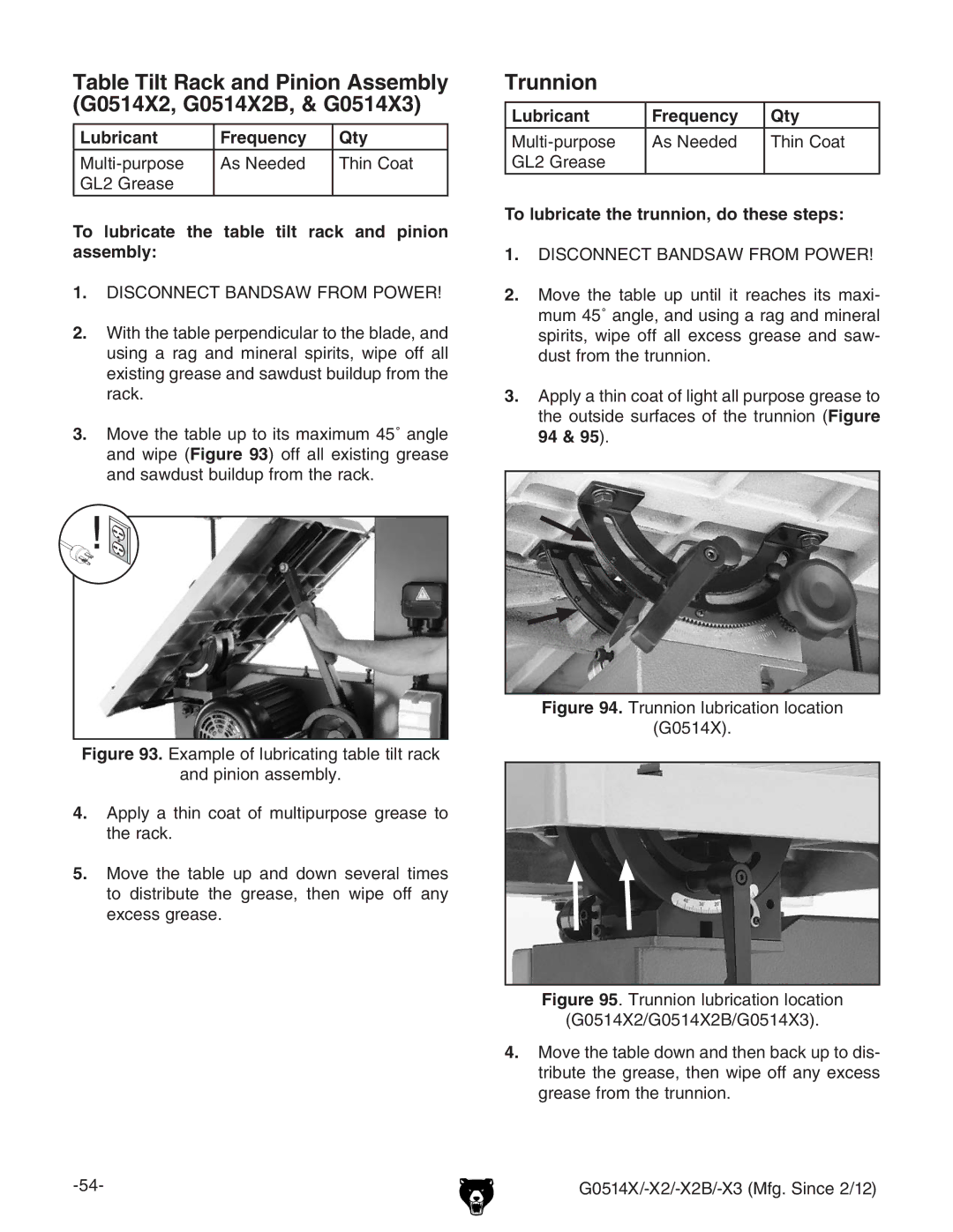 Grizzly G0514X Trunnion, To lubricate the table tilt rack and pinion assembly,  BdkZiZiVWaZjeidihbVmbjb*ßVc\aZ 