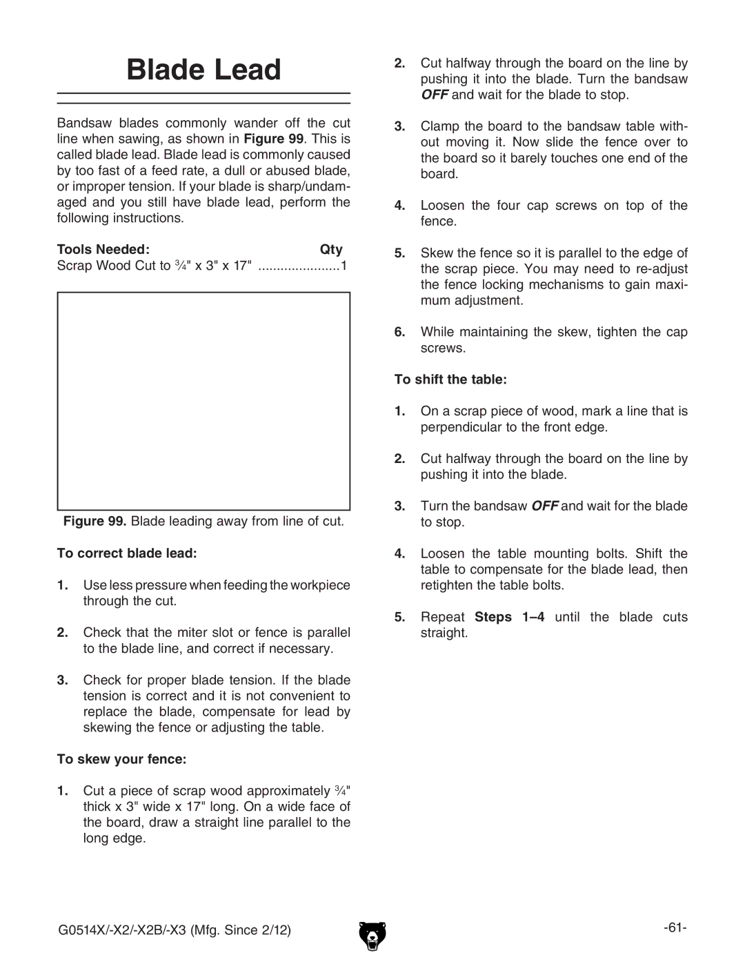 Grizzly G0514X owner manual Blade Lead, To correct blade lead, To skew your fence, To shift the table 