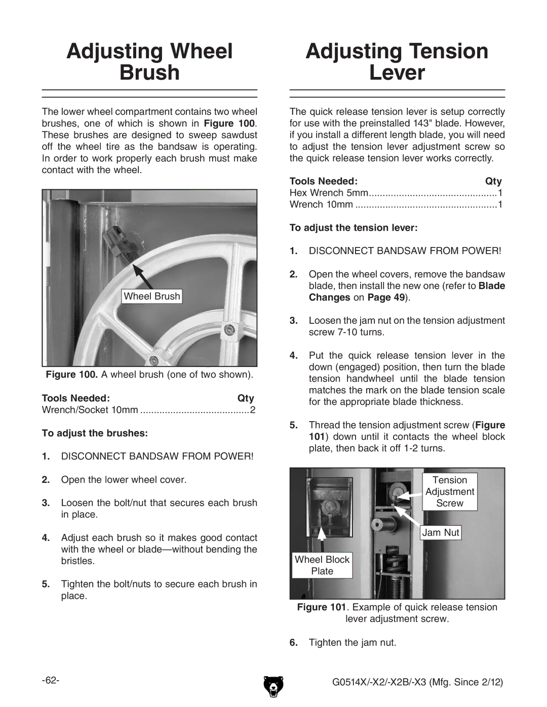 Grizzly G0514X owner manual Brush, To adjust the brushes, To adjust the tension lever, ChangesdcPage 49# 