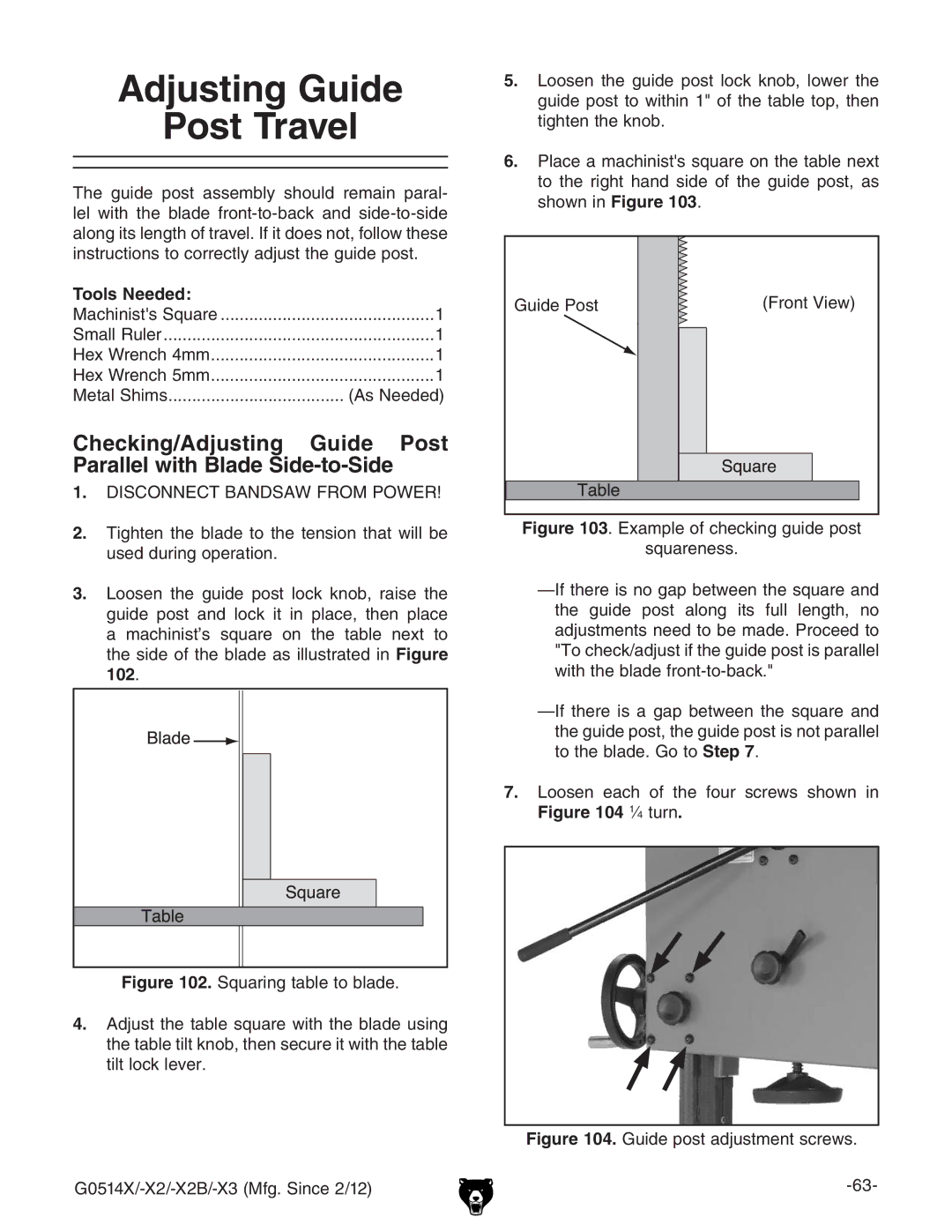 Grizzly G0514X owner manual Adjusting Guide Post Travel, Tools Needed, JYZEdhi, AddhZc ZVX d iZ djg hXgZlh hdlc c 