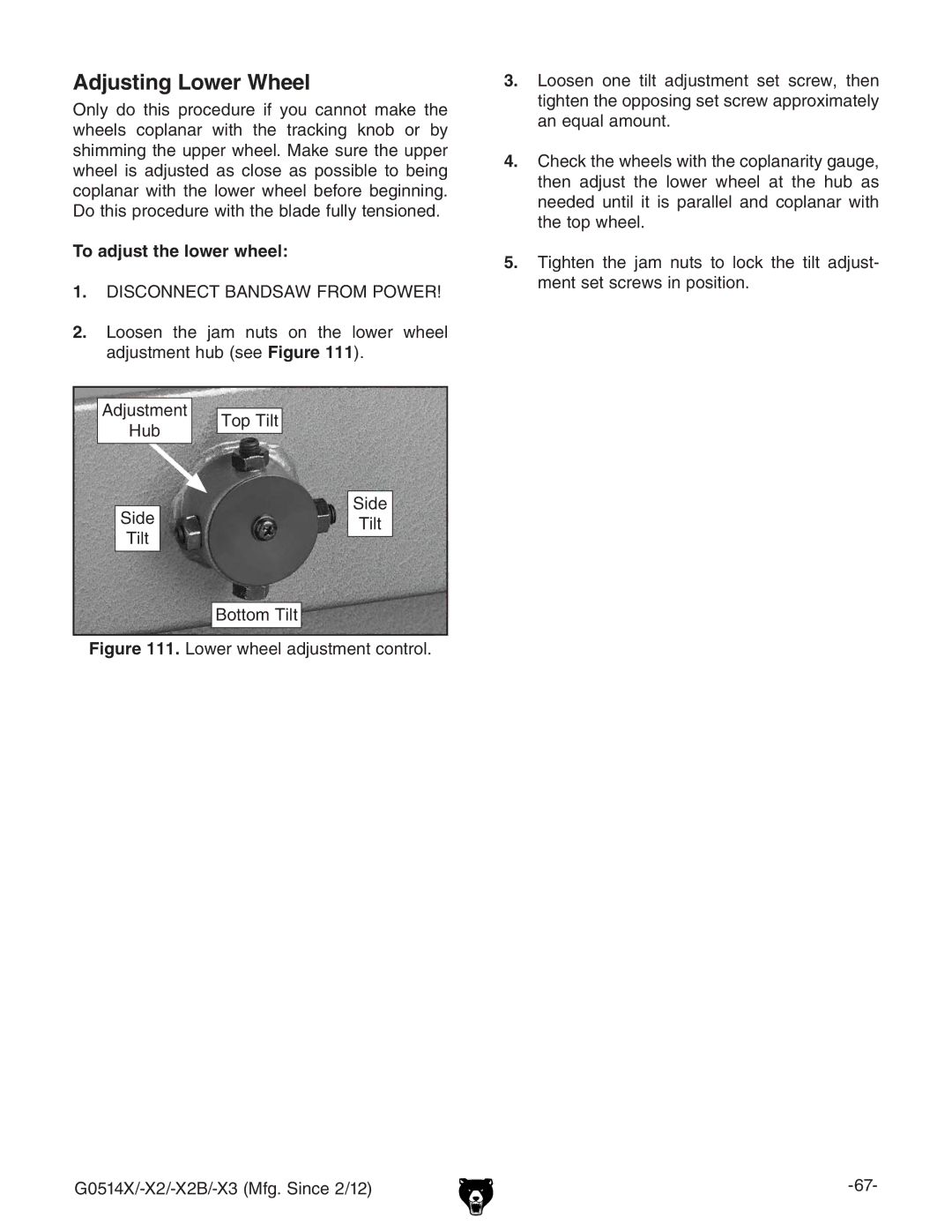 Grizzly G0514X owner manual Adjusting Lower Wheel, To adjust the lower wheel, Iai IdeIai, Iai 7diidbIai 