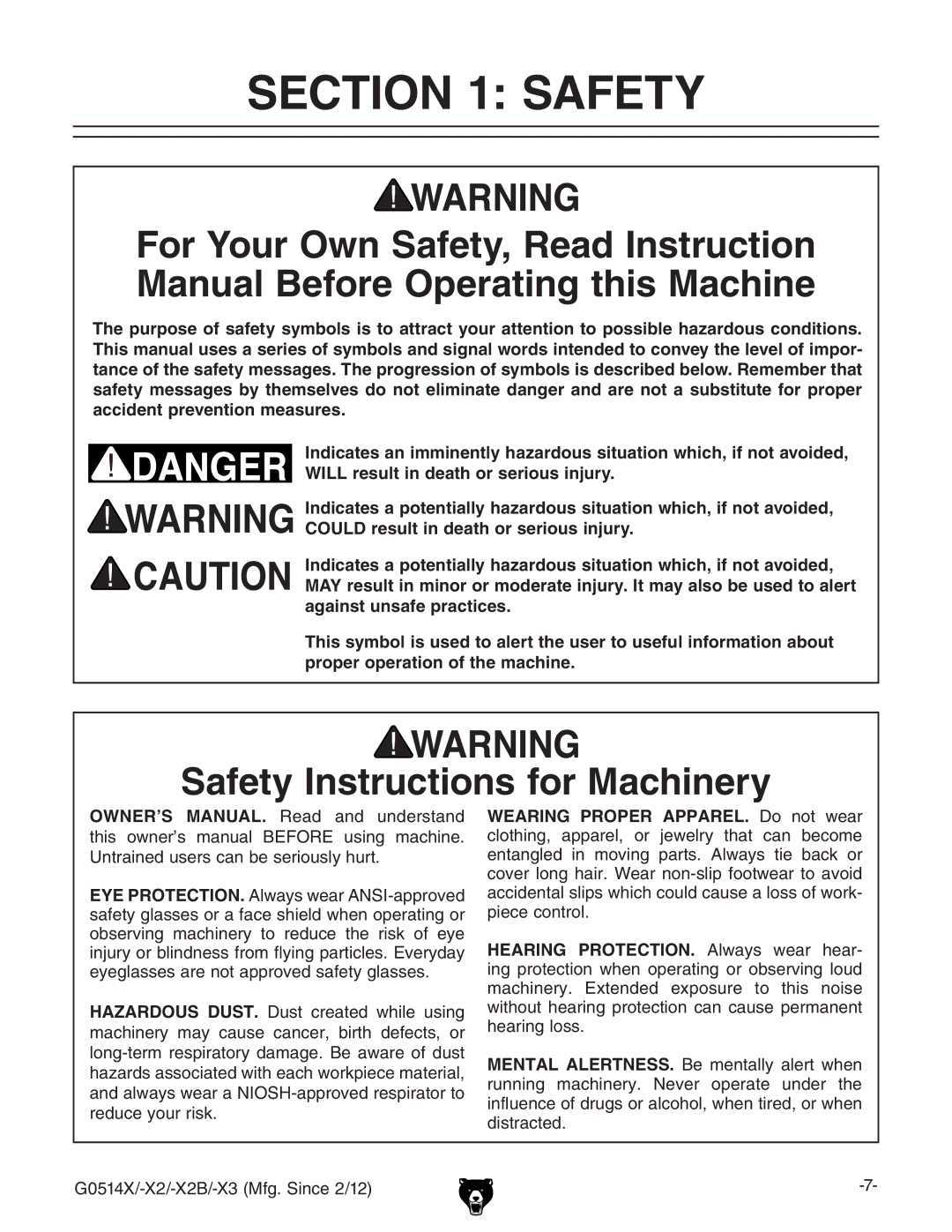 Grizzly G0514X owner manual Safety Instructions for Machinery, DWhZgkc\ bVXcZgn id gZYjXZ iZ gh` d ZnZ 