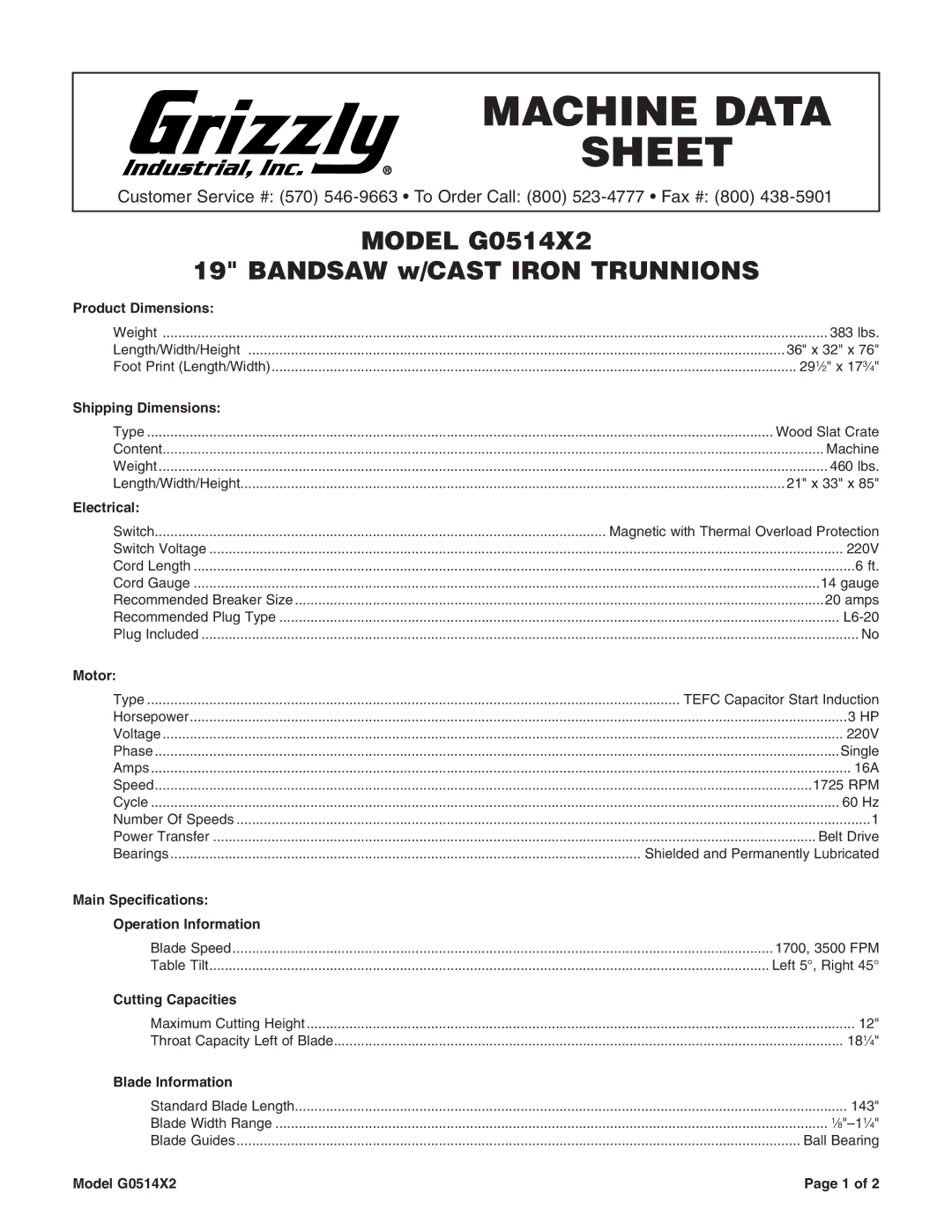 Grizzly dimensions Machine Data Sheet, Model G0514X2, Bandsaw w/CAST Iron Trunnions 