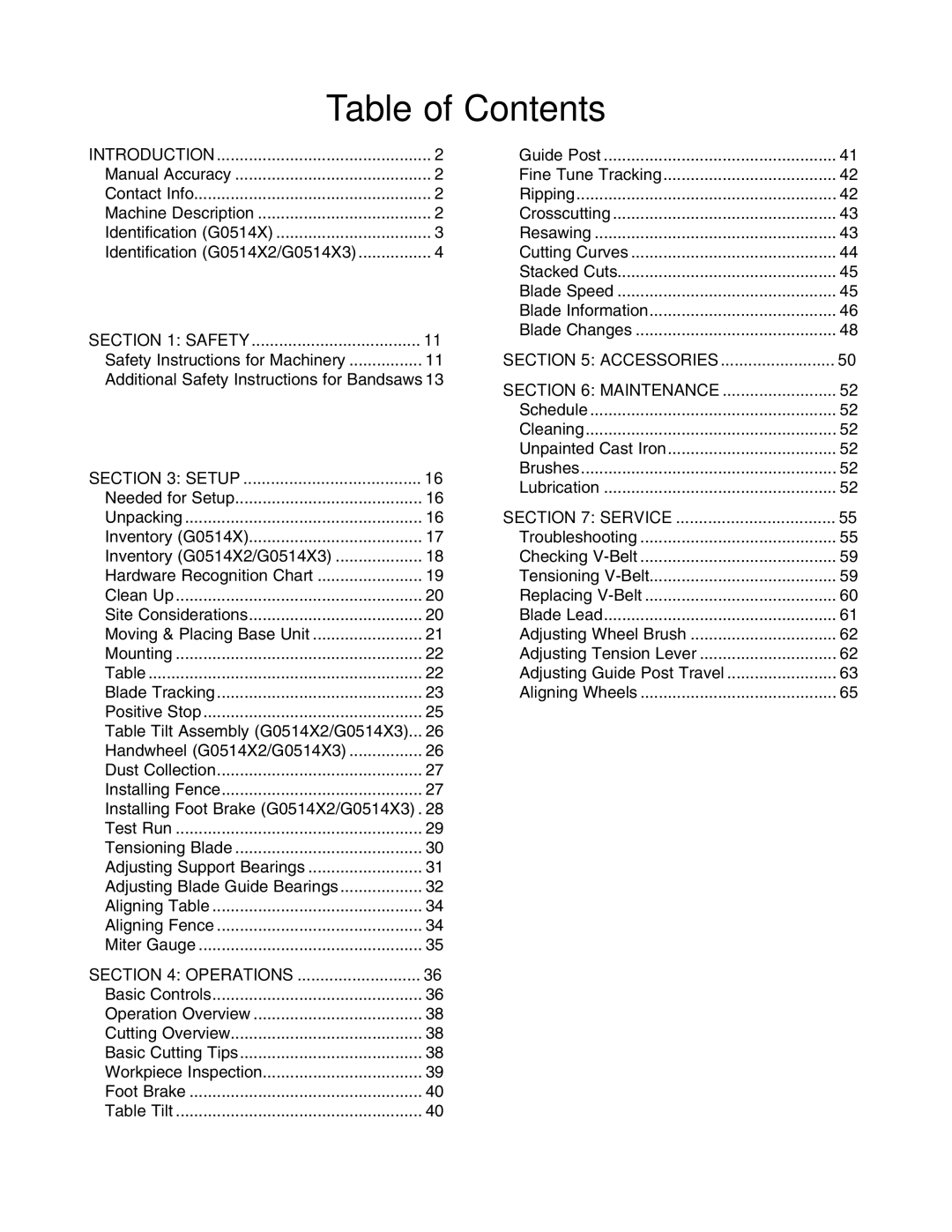 Grizzly G0514XF manual Table of Contents 