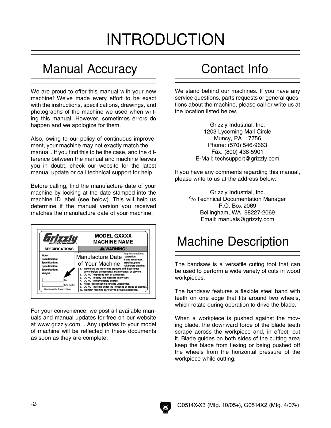 Grizzly G0514XF manual Manual Accuracy, Contact Info, Machine Description, NdjgBVXcZ 