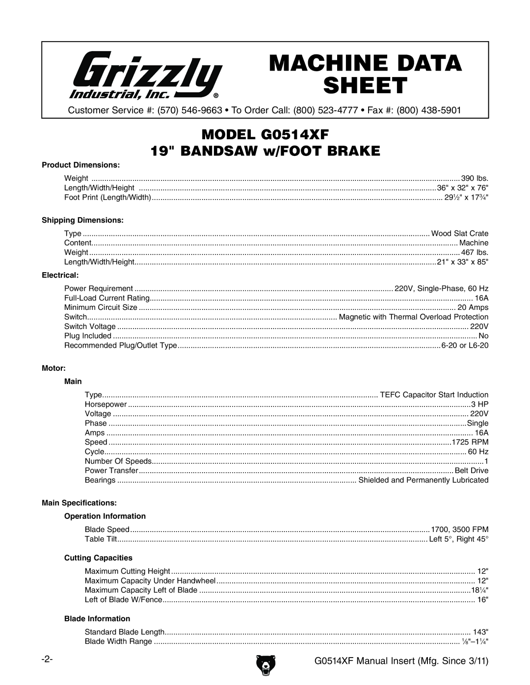 Grizzly G0514XF manual Machine Data Sheet, BVcjVachZgiB\#HcXZ$&& 