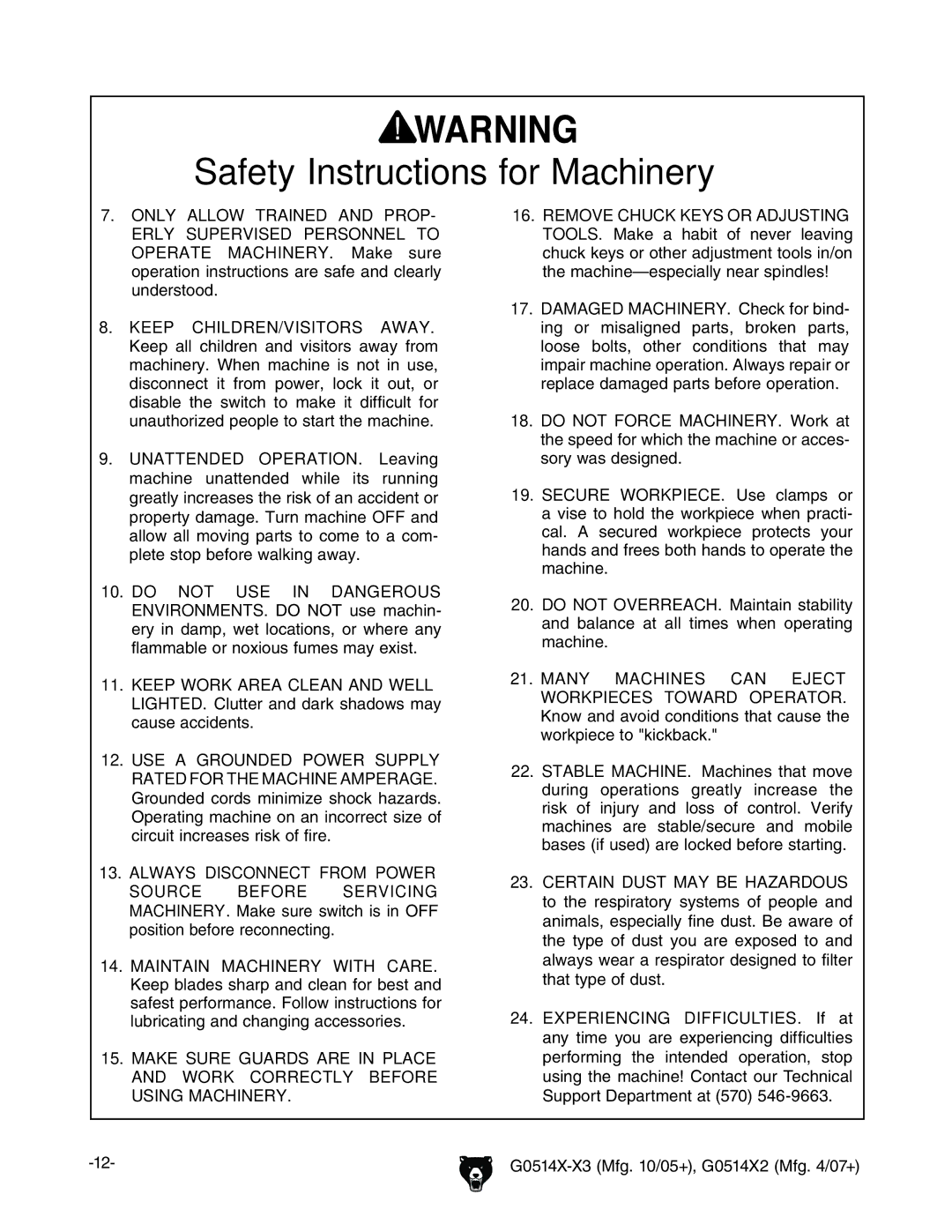 Grizzly G0514XF manual Keep CHILDREN/VISITORS Away 