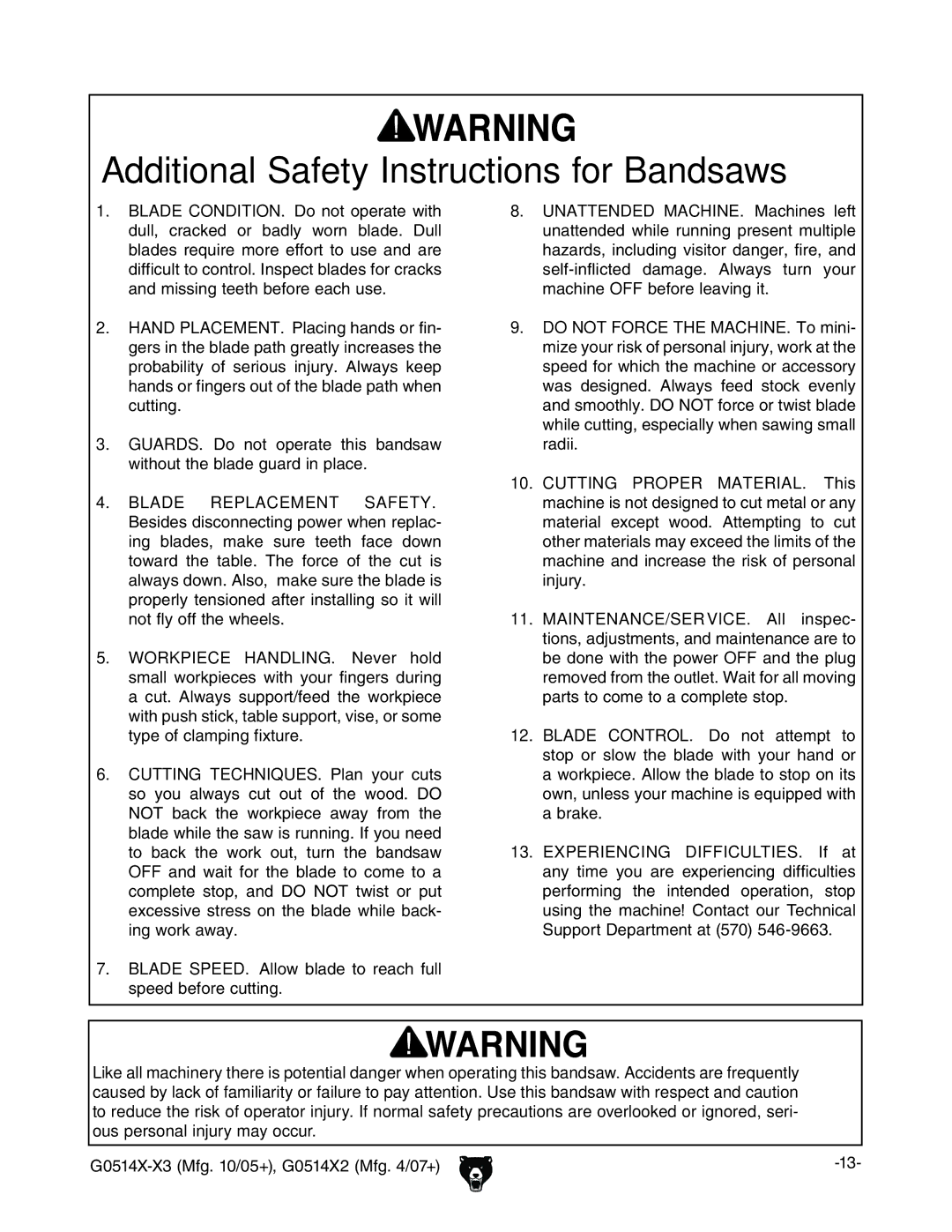 Grizzly G0514XF Additional Safety Instructions for Bandsaws, Blade Speed aadl WaVYZ id gZVX jaa heZZYWZdgZXjiic\# 