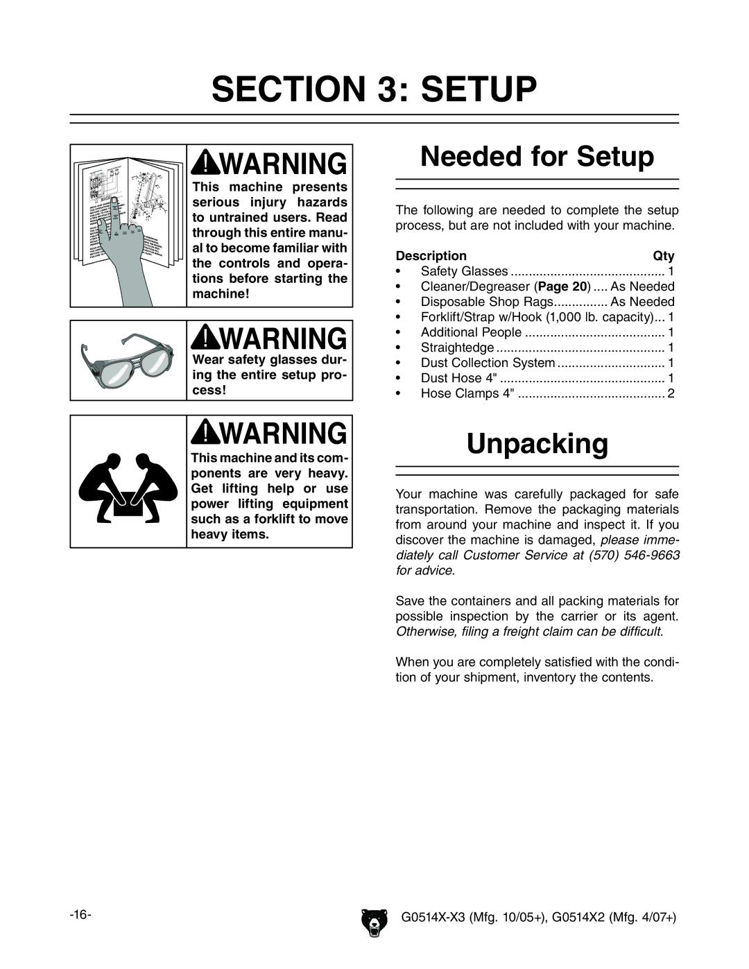 Grizzly G0514XF Needed for Setup, Unpacking, Wear safety glasses dur- ing the entire setup pro- cess, Description Qty 