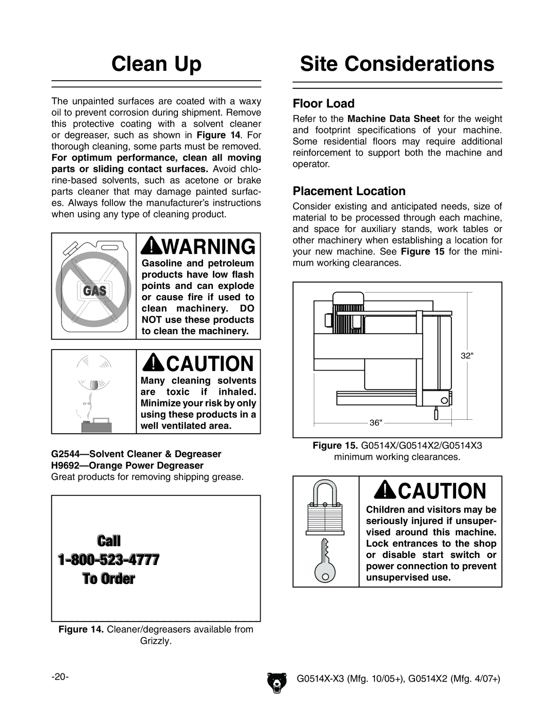 Grizzly G0514XF manual Clean Up, Site Considerations, Floor Load, Placement Location, Gooan# 